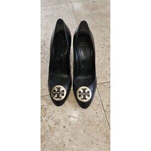Tory Burch Alice Wedge 85MM Leather 35059 size 8 black and silver